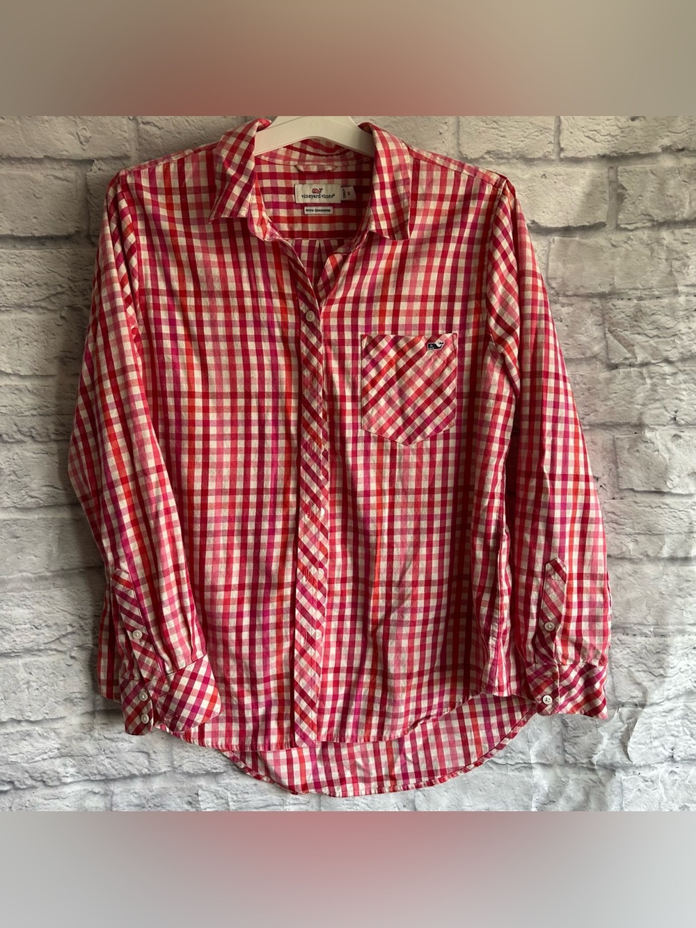 PREOWNED VINEYARD VINES PINK RED PLAID GINGHAM LONG SLEEVE BUTTON DOWN SZ 10